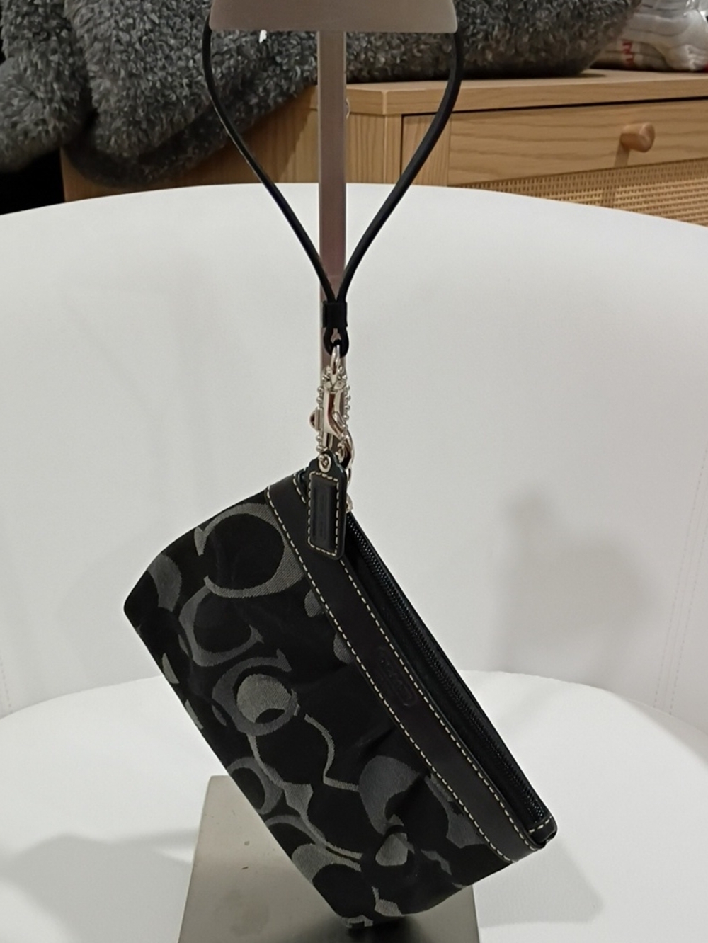 Coach Signature C Wristlet In Black And Gray Fabric And Leather Trim
